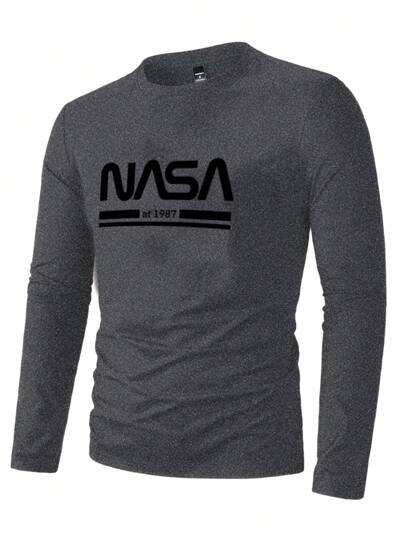 Manfinity Homme تي شيرت رجالي كاجوال بطباعة حرفية، أكمام طويلة، خريفي