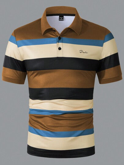 Manfinity Homme قميص بولو كاجوال/للعمل قصير الأكمام للرجال بخطوط وطباعة حرفية