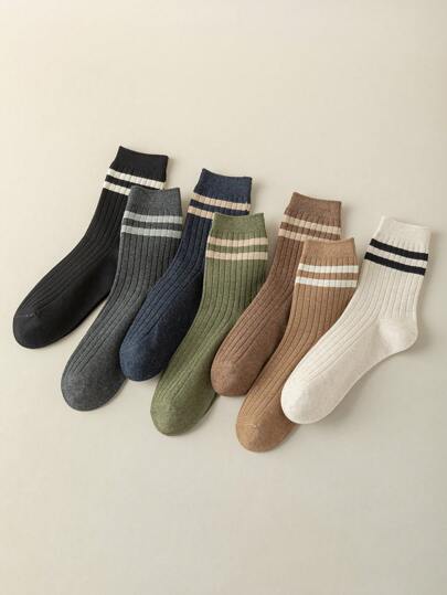 5 أزواج من جوارب الطاقم الرياضية الأساسية المريحة للرجال في فصلي الخريف والشتاء ذات خطين، بطراز رسمي عادي