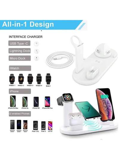 حامل شاحن لاسلكي 6 في 1 متوافق مع 15 14 13 12 11 X، ساعة Apple، ، يدعم ، قاعدة متعددة الأجهزة متوافقة مع 16 15 14 13 12 11/برو/ماكس/ميني/بلس، X، XR، XS/ماكس، SE، 8/بلس، ساعة Apple 1-8، 3/2/برو، iPad، هواتف أندرويد، هدية مناسبة لالأسرة والأصدقاء والأطفال و
