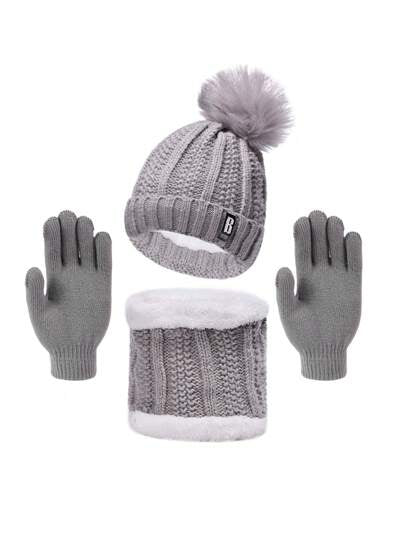 طقم وشاح وقبعة وقفازات دافئة - ملابس عازلة للحرارة ، ضرورية للشتاء ،وشاح عشوائي بطباعة شعار أسود وبطانة حرارية