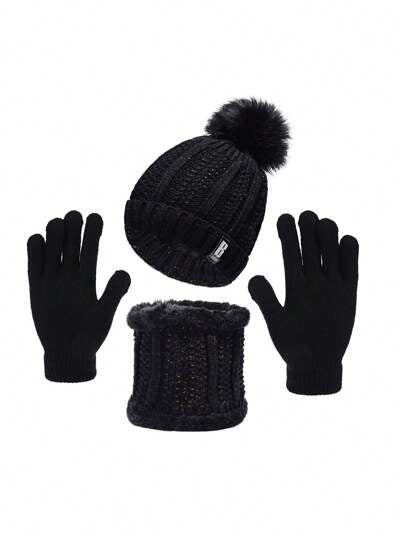 طقم وشاح وقبعة وقفازات دافئة - ملابس عازلة للحرارة ، ضرورية للشتاء ،وشاح عشوائي بطباعة شعار أسود وبطانة حرارية