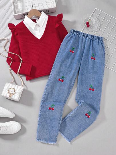 تيشيرتات بناتي مجموعة بنطلون جينز مطرز بالكرز لفتيات المراهقات مع ملابس علوية ملونة متباينة 2 في 1، طقم كاجوال للخريف/ الشتاء، أعياد، الصيف، السفر