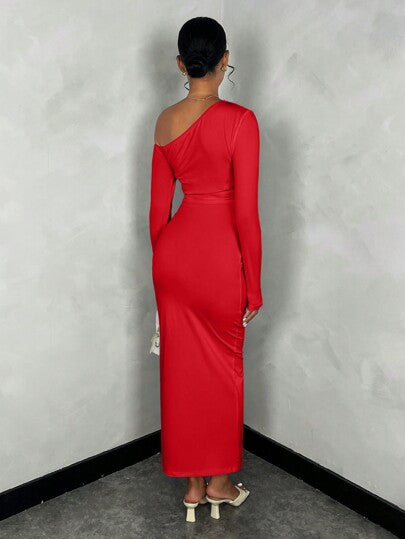 BAE فستان نسائي من اللون الأبيض الصلب بأكمام طويلة أنيق وضيق البنية، غير متماثل مطوي ذو تفاصيل عصرية ،مناسب للخروجات اليومية والمواعيد وحفلات رسمية وحضور الأفراح والعمل