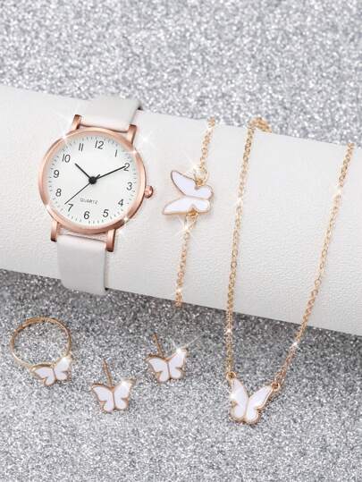 6 قطع / مجموعة ساعات كوارتز ذات تصميم قرص دائري بسيط وعقارب عربية بشكل قلب ، إبزيم فراشة، مناسبة لهدايا عيد الميلاد وعيد الهالوين