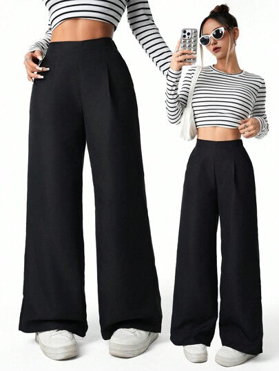 SHEIN بنطلون أسود ذو خصر عالي منسدل واسع مطوي للفتيات والفتيات المراهقات مناسب للاستخدام اليومي، مرن للربيع والصيف والخريف والشتاء