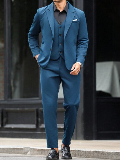 Manfinity Mode طقم بدلة رجالي 3قطع/مجموعة، جاكيت بأكمام طويلة ذات لون أحادي، صدرية برقبة على شكل حرف V مزرارة، وبنطلون بدلة، طقم بدلة رسمية