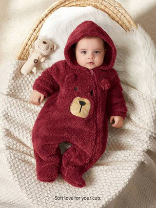 Cozy Pixies جمبسوت قتصيرة سميكة للأطفال الرضع من الأولاد بنقشة الدب الكرتوني مع غطاء للرأس