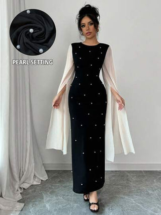 فساتين حريمي Rafferiza فستان نسائي أنيق بأكمام طويلة وياقة دائرية، بتصميم بألوان متباينة ومزين بخرز اصطناعي للمناسبات العطلات