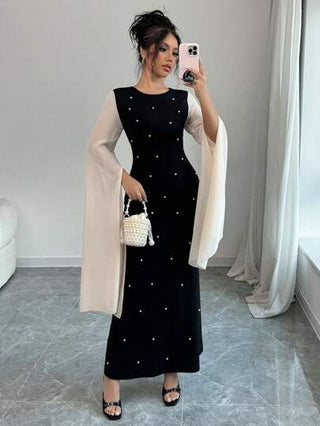 فساتين حريمي Rafferiza فستان نسائي أنيق بأكمام طويلة وياقة دائرية، بتصميم بألوان متباينة ومزين بخرز اصطناعي للمناسبات العطلات