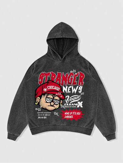 ROMWE MEN Street Life هودي كاجوال طويل الأكمام مطبوع بشعارات وشخصيات كرتونية للرجال، خريف وشتاء