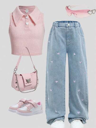 SHEIN Lunivi جينز أزرق داكن فضفاض بتطريز قلب بأسلوب حقبة Y2K للفتيات المراهقات، ذو ساق مستقيمة، مناسب للإطلالات اليومية العصرية