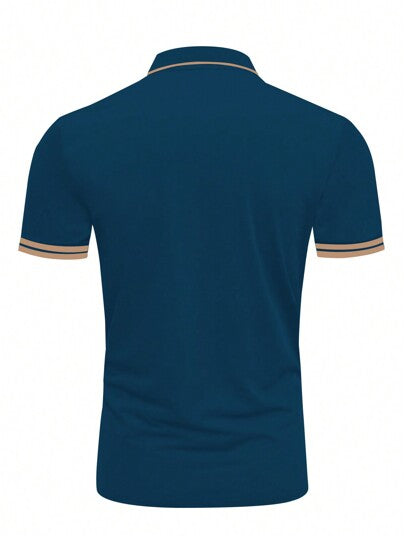 Manfinity Homme قميص بولو للرجال بأكمام قصيرة وطباعة حرفية وشرائط، مناسب للارتداء اليومي والتنقل