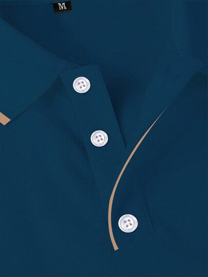 Manfinity Homme قميص بولو للرجال بأكمام قصيرة وطباعة حرفية وشرائط، مناسب للارتداء اليومي والتنقل