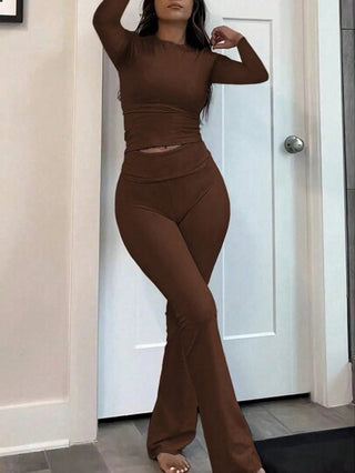 طقم حريمي قطعتين EZwear مجموعة ملابس علوية وبنطلون للسيدات بتصميم لون سادة سِتار طويل الأكمام للإطلالة اليومية