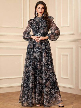 فستان طويل أنيق للنساء بطباعة نمر ذو ياقة مستديرة مع إكسسوارات كشكش وحزام