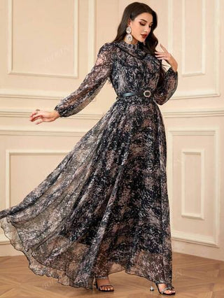 فستان طويل أنيق للنساء بطباعة نمر ذو ياقة مستديرة مع إكسسوارات كشكش وحزام