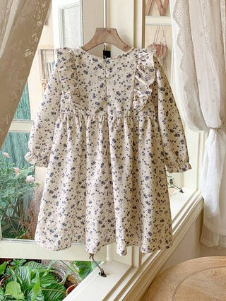 فستان أطفال Blossori فستان شبكي أنيق بتصميم فرنسي أناقة فتيات صغيرات باللون الخاكي مع ازهار صغيرة مع كشكش في الأسفل، الخريف / الشتاء