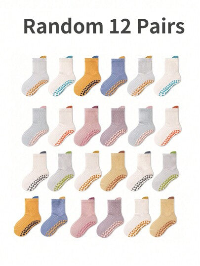 12 زوج من الجوارب المختلطة الألوان للأرضيات ، بطانة ناعمة مضادة للانزلاق للأطفال الرضع ، صالحة للارتداء اليومي