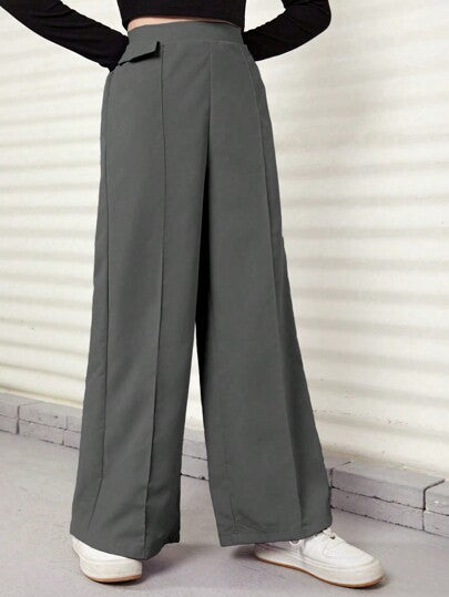 SHEIN بنطلون رجاجة ذو ساق واسعة انيق للمراهقات ديكور جيب وهمي مناسب للتنقل