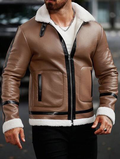 Manfinity LEGND جاكيت كاجوال بأكمام طويلة ذو لون سادة بألواح تباين أمامية مع سحاب وجيوب ، بمظهر عملي تقني، هدية للأصدقاء والزوج والحبيب