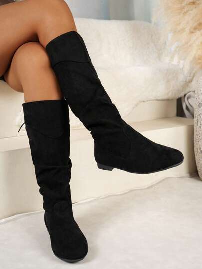 بوت نسائية جديدة من الجلد المدبوغ المخملي مع ربطة أعلى الركبة، ضيقة التصميم، مرنة، كلاسيكي، مثالية لارتدائها مع الفساتين