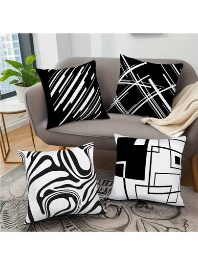 4قطع أغطية وسائد رمي ذات تصميم فني تجريدي باللون الأبيض والأسود - تصميم بسيط معاصر قابل للغسيل بالغسالة، ديكور كنبة وكرسي المنزل، إكسسوار منزلي