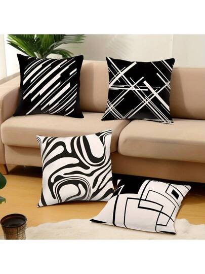 4قطع أغطية وسائد رمي ذات تصميم فني تجريدي باللون الأبيض والأسود - تصميم بسيط معاصر قابل للغسيل بالغسالة، ديكور كنبة وكرسي المنزل، إكسسوار منزلي
