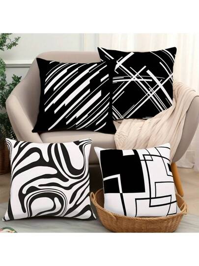 4قطع أغطية وسائد رمي ذات تصميم فني تجريدي باللون الأبيض والأسود - تصميم بسيط معاصر قابل للغسيل بالغسالة، ديكور كنبة وكرسي المنزل، إكسسوار منزلي