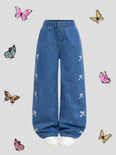 بنطلون جينز لفتيات المراهقات بتطريز طائر فراشة مشوه ذو ساق مستقيمة بلون أزرق