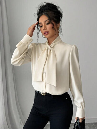 Elenzga قميص نسائي طويل الأكمام فضفاض بأزرار مزين بربطة وشاح، مناسب للعمل أو الارتداء اليومي، للربيع/الخريف