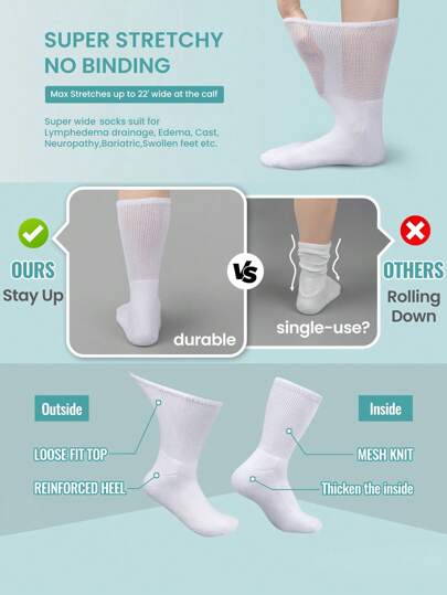 3 أزواج من الجوارب متوسطة الطول الرخوة مقاس كبير، سميكة الأرضية والفضفاضة الملاءمة، مناسبة للرجال والنساء ذوي أقدام متورمة أو إصابات القدم