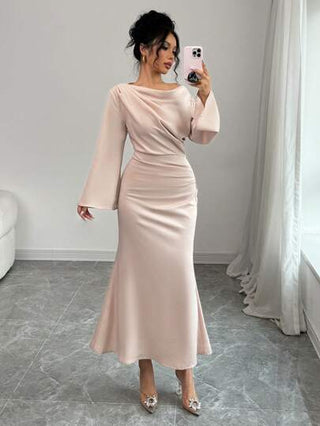 فساتين حريمي Rafferiza فستان طويل أنيق مع كشكش على الأكتاف وذيل طويل مخمل تصميم نحيف للنساء ، فستان ماكسي من الستان للخريف/الشتاء