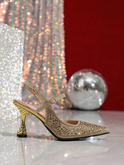 صنادل ذات كعب عالي مربع بنقشة من الراين الذهبية، نمط جديد للنساء لربيع/صيف مزودة بحزام كاحل