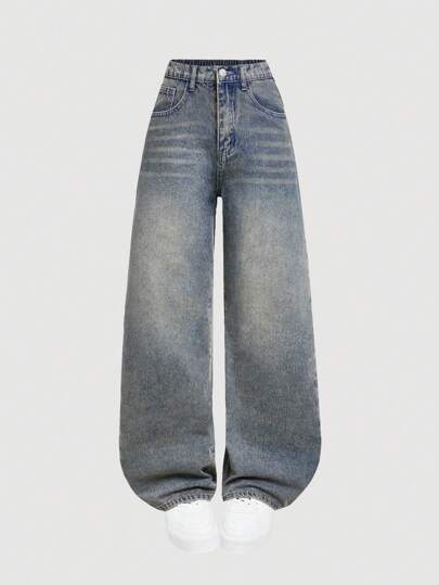 SHEIN Girlism بنطلون جينز للمراهقة مستقيم الساق واسع باللون الأزرق