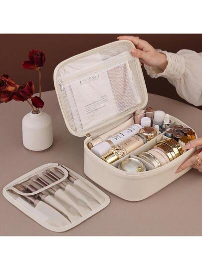 قطعة واحدة حقيبة مكياج متعددة الطبقات قابلة للفصل - ذات سعة كبيرة من قماش PU مقاوم للماء مع حقيبة فرش مكياج قابلة للفصل، حقيبة تنظيم محمولة للأصناف التجميلية والمستحضرات، مناسبة للسفر والرحلات مستلزمات الصحة والجمال هدايا لوازم التخزين مع سحّاب...