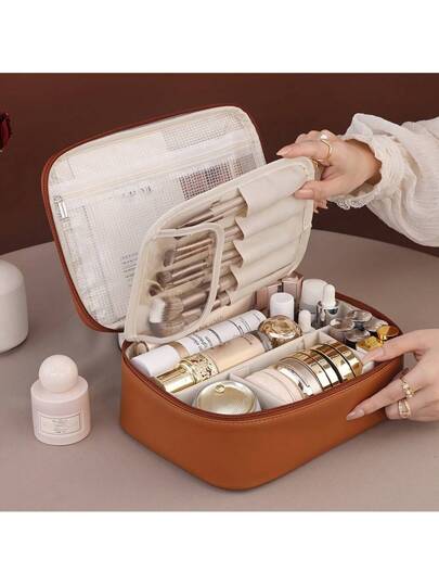 قطعة واحدة حقيبة مكياج متعددة الطبقات قابلة للفصل - ذات سعة كبيرة من قماش PU مقاوم للماء مع حقيبة فرش مكياج قابلة للفصل، حقيبة تنظيم محمولة للأصناف التجميلية والمستحضرات، مناسبة للسفر والرحلات مستلزمات الصحة والجمال هدايا لوازم التخزين مع سحّاب...