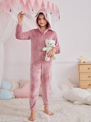 بيجاما طقم بنطال و سترة مزودة بقبعة طويلة الأكمام بأذني أرنب لمراهقة ناعمة ومريحة، مقاومة للالتهاب، من الفلانيل ثنائي الاتجاه، للخريف والشتاء (تباع القطعتان بشكل منفصل)