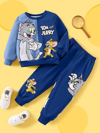 TOM & JERRY X مجموعة قماشية من البلوزة وبنطلون الرياضة بطبعة حيوانات كرتونية ملونة للأولاد ، كاجوال للربيع والخريف 2 قطعة/طقم