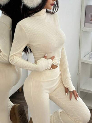 EZwear مجموعة سيدات تي شيرت قطن طويل الأكمام مزين وسروال موحد اللون ذو ملمس، أنيقة وملائمة، موسم الخريف، 2 قطعة