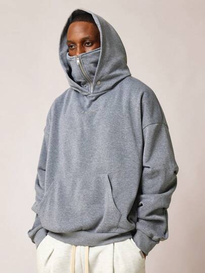 SUMWON هودي بسوستة مائلة مزود بغطاء للوجه ملابس الشارع في فصلي الخريف والشتاء، مريح وفضفاض مصمم بجيب كنغر وقطعة ثقيلة الوزن