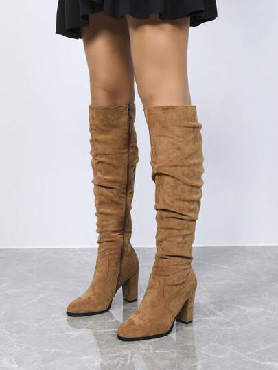 بوت نسائية طويلة جديدة لخريف/شتاء 2024 ذات رؤوس دائرية وكعب عالٍ وسحاب جانبي وأعلى الركبة، كعب سميك وأحذية ركوب مرنة