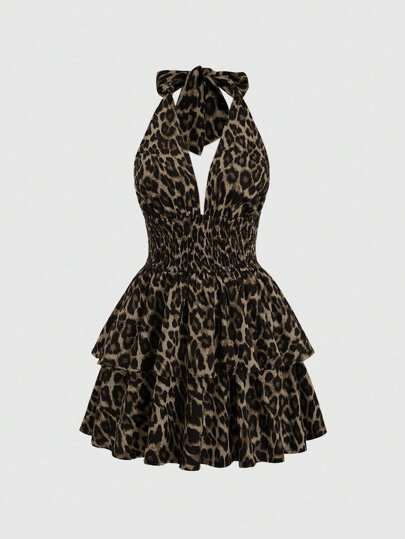 Flirla فستان قصير نسائي بطبعة جلد الفهد عاري الظهر وجذاب