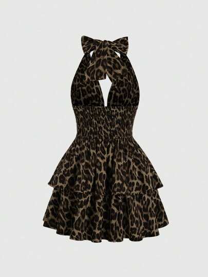 Flirla فستان قصير نسائي بطبعة جلد الفهد عاري الظهر وجذاب