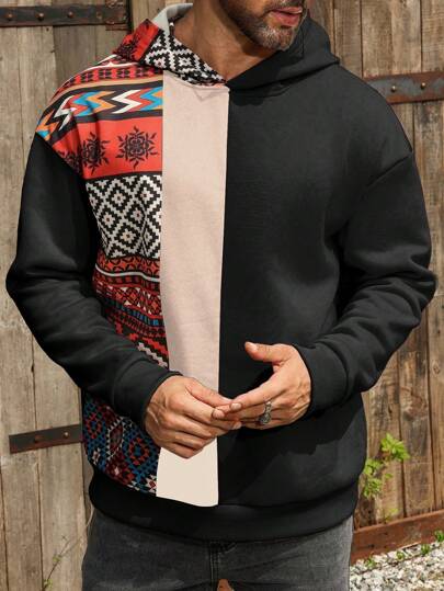 Manfinity Homme بلوفر هدي كاجوال للرجال ذو طباعة هندسية، مناسب للارتداء في فصل الخريف