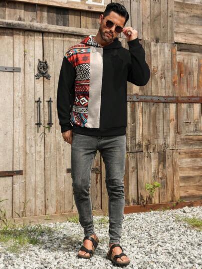 Manfinity Homme بلوفر هدي كاجوال للرجال ذو طباعة هندسية، مناسب للارتداء في فصل الخريف