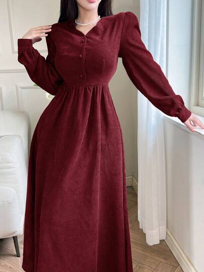 Modelyn فستان طويل بسيط كاجوال بأكمام طويلة، أزرار أمامية وبلون أحادي للنساء