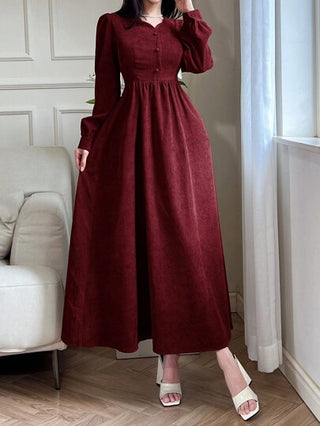 Modelyn فستان طويل بسيط كاجوال بأكمام طويلة، أزرار أمامية وبلون أحادي للنساء