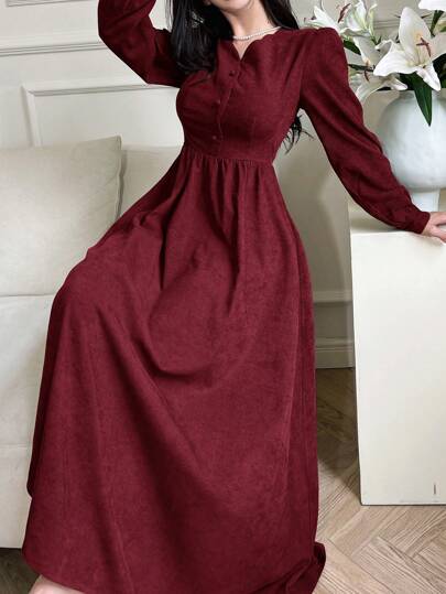 Modelyn فستان طويل بسيط كاجوال بأكمام طويلة، أزرار أمامية وبلون أحادي للنساء