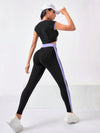SHEIN Sport Studio طقم رياضي نسائي من بنطلون وبلوزة بأكمام قصيرة مزيّن بالسوست للأمام، سادة اللون ومزركش، بنطال طويل وملابس رياضية كاجوال للصالة الرياضية